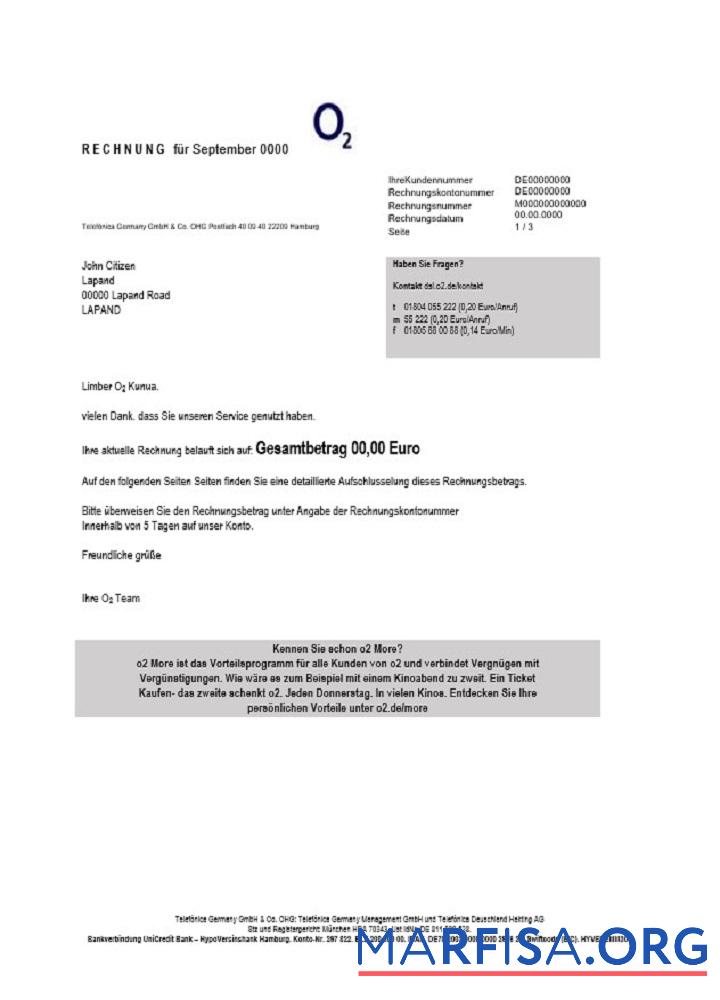 Printable Germany RECHNUNG O2 utility bill example